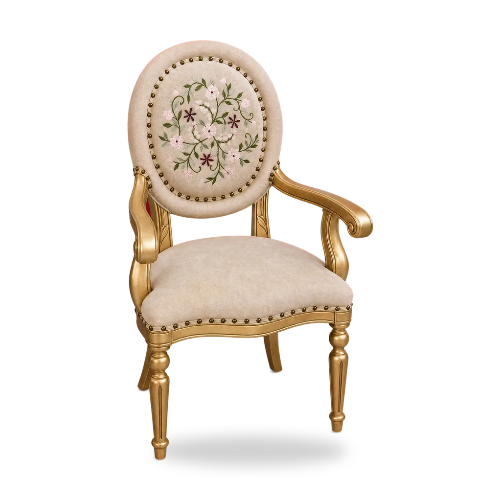 Royal gold hand-carved dining armchair with floral embroidered oval back